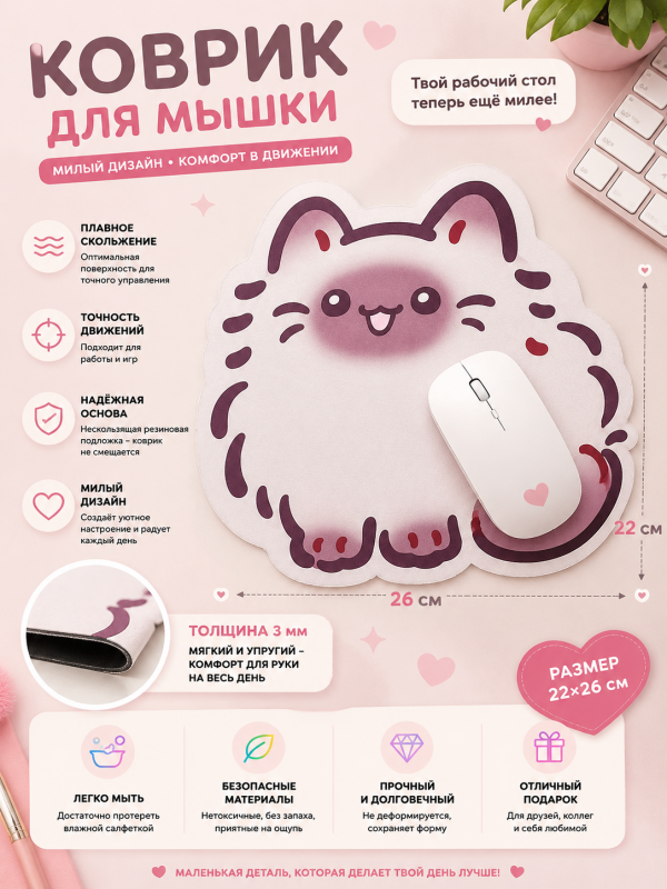 Коврик для мышки Котик пушистый 22х26 см